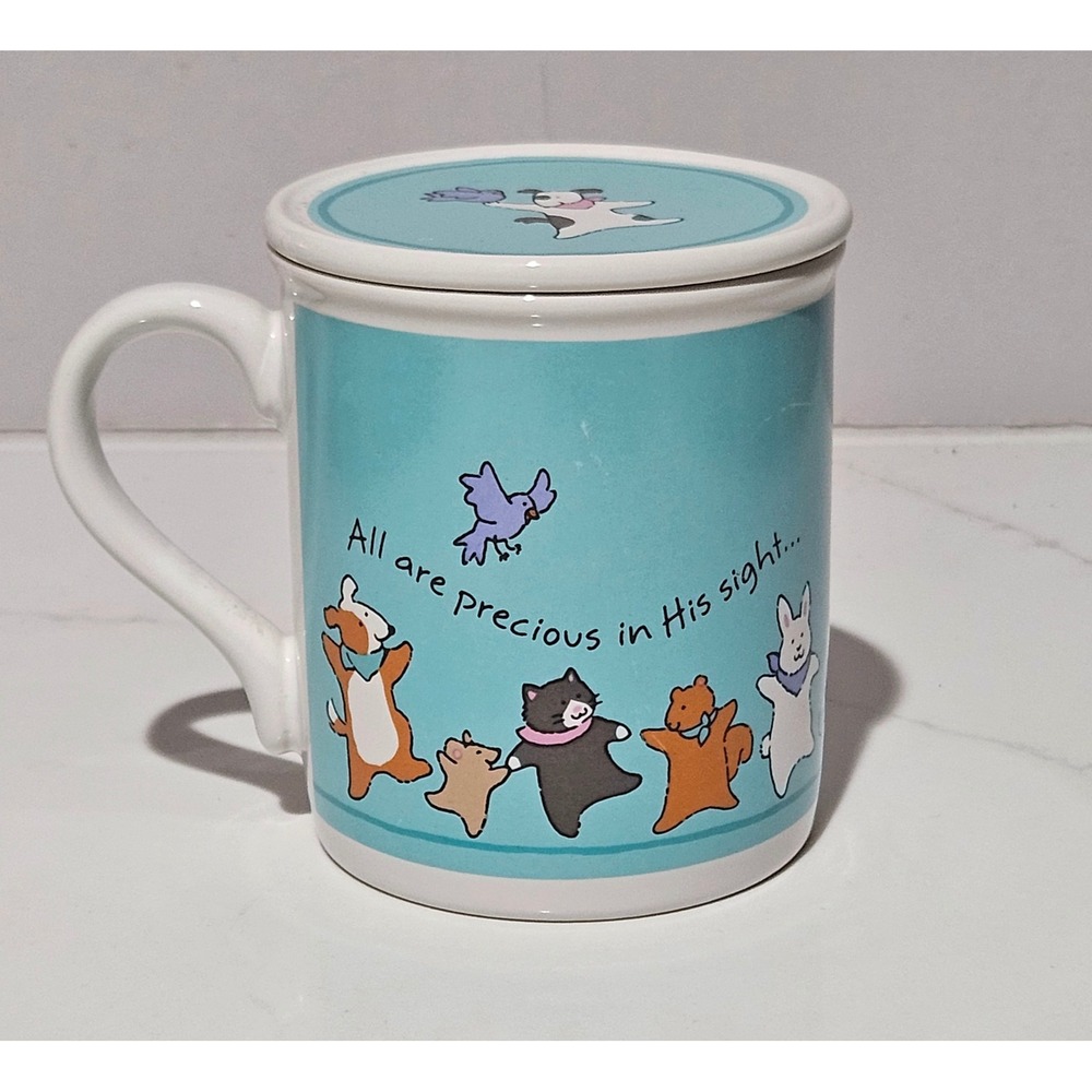 Vintage Hallmark All Are Precious in His Sight Ceramic Mug with Coaster Lid Blue